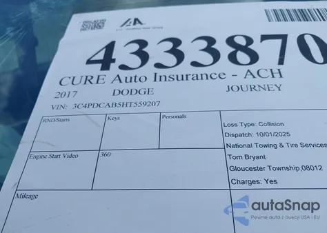 2017 Dodge Journey Se из США, поврежденный, VIN 3C4PDCAB5HT559207